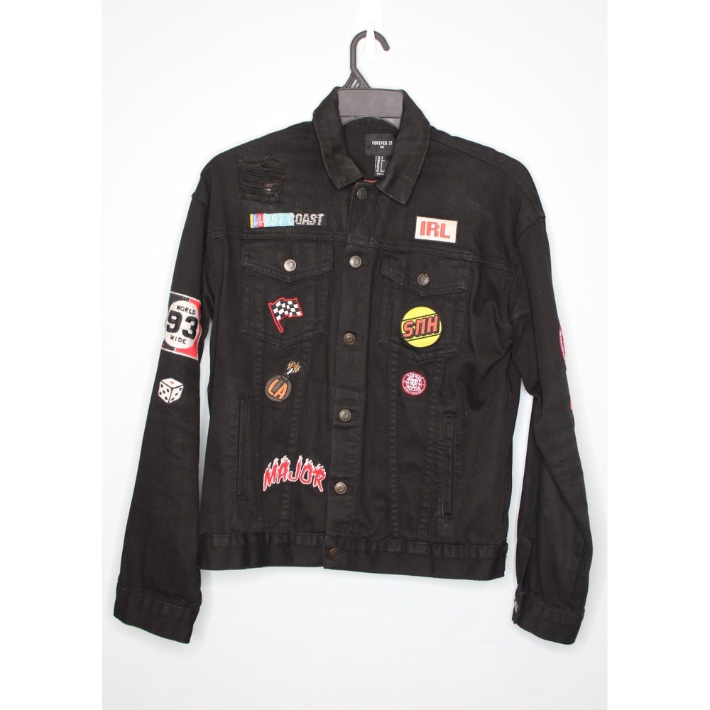 Forever 21 Men Black Denim Patch Jacket Distressed Graphic Streetwear Small